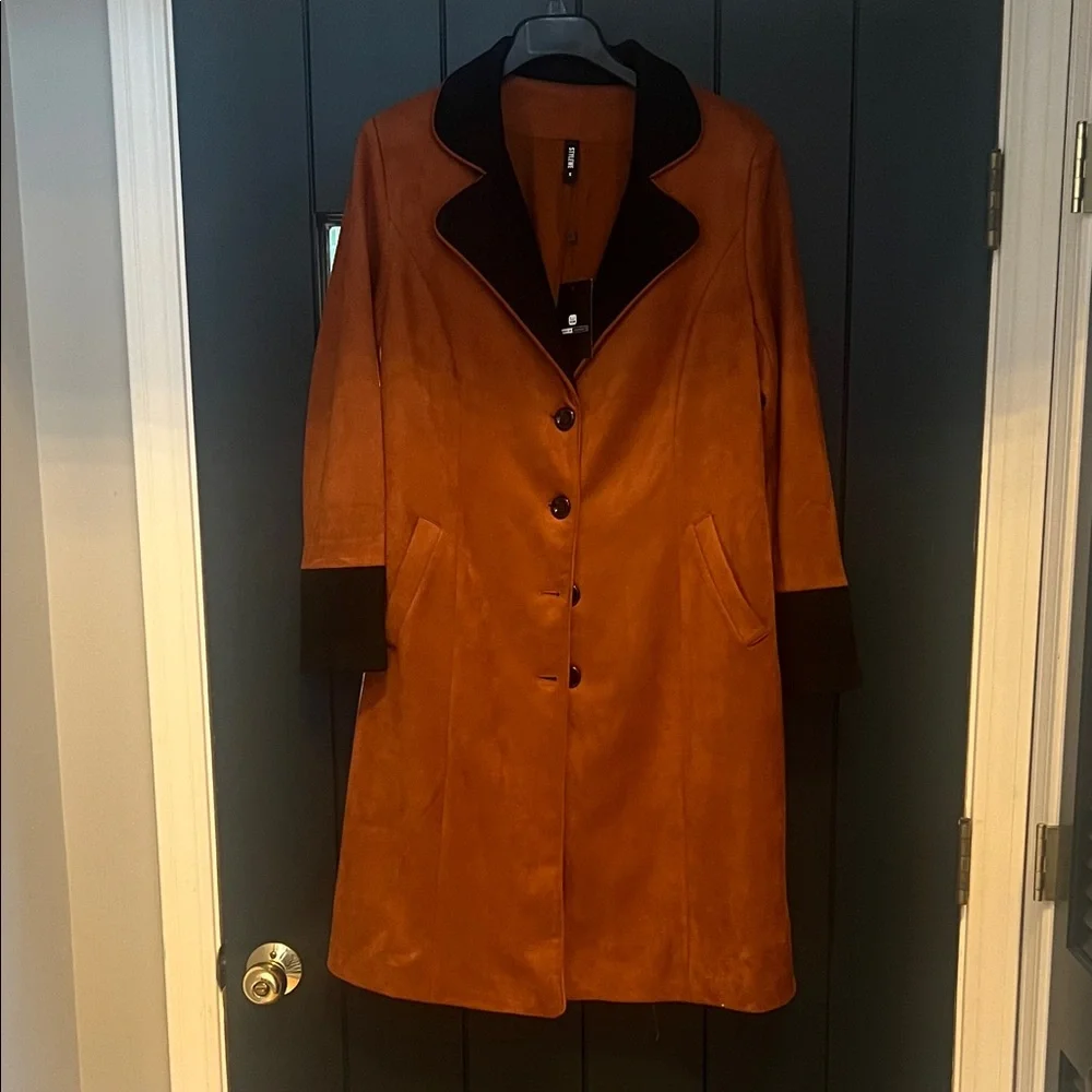 Women’s Suede Trench Coat with Black Trim - Rust - Picture 3 of 5